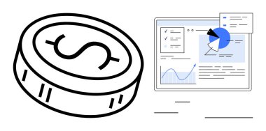 Performans değerlendirmesi için dijital ekran grafikleri, grafikler ve analitik araçların yanında bir dolar. Finans, iş planlaması, yatırım stratejisi, dijital araçlar, ekonomik eğilimler için ideal