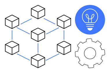 Birbirine bağlı küpler blockchain ağını sembolize eder, fikri ya da yeniliği gösteren mavi ampul, ve dişli taşıma sistemi ya da süreci. Teknoloji, yenilik, süreç yönetimi ve iş dünyası için ideal