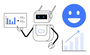 Robot, yanında büyüme grafiği ve gülen yüz olan bir veri tablosu tutuyor. Yapay zeka, analitik, otomasyon, teknoloji, üretkenlik, müşteri memnuniyeti, basit iniş sayfası için ideal