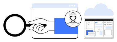 Web tarayıcısı üzerinde büyüteç, el ele tutuşma belgesi, kullanıcı profili simgesi, bulut depolama ve arayüz paneli. Teknoloji, kimlik doğrulama, veri güvenliği ve çevrimiçi profiller için ideal