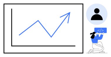 Mavi çizgi grafiği yukarı doğru yükseliyor, kişi simgesi, diz çökmüş geliştirici kodlaması dijital büyüme ve analiz için. İş, teknoloji, takım çalışması, strateji, kodlama, analitik basit iniş sayfası için ideal