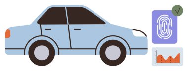 Parmak izi tarayıcısı ve grafik elementleri olan mavi araba biyometrik doğrulamayı, güvenlik sistemlerini ve veri güdümlü sezgileri sembolize ediyor. Yenilik, otomotiv, teknoloji, güvenlik ve analitik için ideal