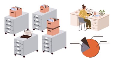 Dizüstü bilgisayarlar, bitkiler, organize dosya dolapları, belgeler ve pasta grafikleriyle çalışan bir çalışan. Üretkenlik, organizasyon, veri yönetimi, takım çalışması bürosu kurulumu için ideal