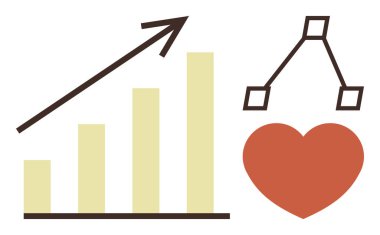 Yukarı doğru ok, birbirine bağlı düğümler ve kalple çizelge. Büyüme, başarı, takım çalışması, bağlantı, iş ilerlemesi sağlık ve sosyal ilişkiler için idealdir. Basit bir düz metafor.