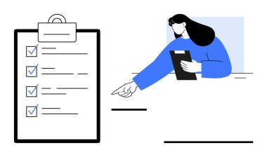 Pano tutan ve kontrol işaretli listeyi işaret eden kadın vurgulandı. Görev yönetimi, üretkenlik, planlama, proje izleme, organizasyon, karar verme, sade iniş için ideal