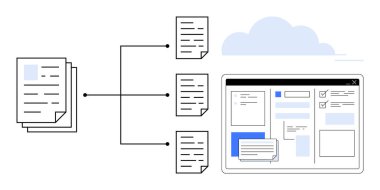 Yığılmış belgeler, bulut tabanlı bir arayüzde organize dijital dosyalara dönüşür. İş akışı, veri yönetimi, organizasyon, bulut depolama, verimlilik, kağıtsız, verimlilik için ideal. Basit düz