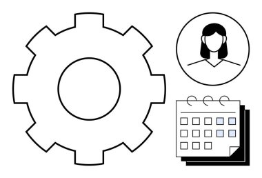 İşlem için vites, kullanıcı profili için kadın avatarı, planlama için takvim. Yönetim, iş akışı, takvim, takım çalışması, İK operasyonları verimliliği için ideal. Basit düz metaforu temsil eder