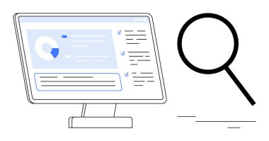 Bilgisayar ekranında veri tabloları, kontrol listeleri ve araştırmayı sembolize eden bir büyüteçle birlikte raporlar var. Analiz, arama, araştırma, veri yönetimi, izleme ve değerlendirme için ideal