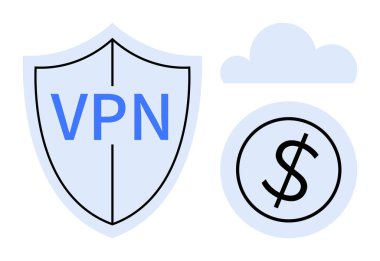 Bir bulut simgesi ve dolar sembolü ile birlikte güvenlik, veri koruması, bulut hizmetleri ve maliyet verimliliğini temsil eden VPN etiketli bir kalkan. Siber güvenlik, bulut hesaplama, maliyet tasarrufu için ideal