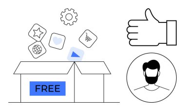 Başparmak işareti, profil avatarı, dişli simgesi dahil olmak üzere üzerinde FREE etiketli uygulama simgeleri bulunan açık kutu. E-ticaret, uygulamalar, ödüller, hediyeler, geri bildirim, terfiler için ideal basit iniş sayfası