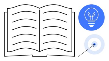 Görünür çizgileri olan açık bir kitap, yaratıcılık için mavi dairenin içinde ampul, doğruluk için mavi hedefi vuran bir ok. Bilgi, yaratıcılık, eğitim, strateji, yenilik için ideal, odaklanma basit