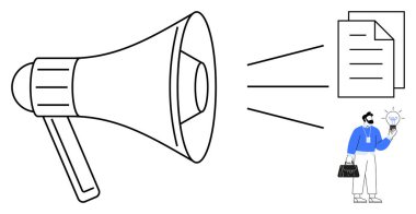 Belgelere doğru çizgiler çizen megafon ve elinde ampul tutan bir işadamı, iletişimi iletiyor, fikirleri paylaşıyor ve iş stratejisini paylaşıyor. Pazarlama, liderlik, yenilik ve takım çalışması için ideal