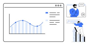 Veri noktalarıyla çizilen çizgiler, derinlemesine düşünen insanlar ve büyüteçle trendleri analiz eden insanlar. İş stratejisi, veri yönetimi, araştırma, planlama, büyüme, yenilik için ideal basit