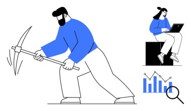 Veri madenciliğini temsil eden kazma kullanan işçi, dizüstü bilgisayardaki bar grafik ve eğilimleri analiz eden kadın, analizi, sezgileri ve dijital verimliliği sembolize ediyor. Teknoloji ve veri analizi için ideal