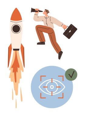 Roket fırlatma, teleskop ve evrak çantası taşıyan kararlı işadamlarıyla birlikte yenilik, vizyon ve başarıyı simgeliyor. Başlangıç, liderlik, yaratıcılık, hedefler, hırs ilerlemesi için ideal