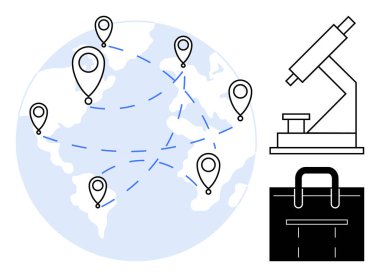 Çizgiler, mikroskop ve evrak çantasıyla birbirine bağlı lobutlarla dolu bir dünya. Küresel işbirliği, araştırma, ağ oluşturma, ticaret, strateji bilimi ve yenilik için ideal. Basit düz metafor