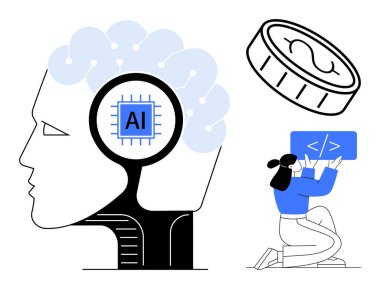 Yapay zeka çipli insan kafası, büyük para ve kod üzerinde çalışan kadın kodlayıcı. Yapay zeka teknolojisi, yenilik, programlama, finans, dijital dönüşüm, problem çözen basit iniş sayfası için ideal