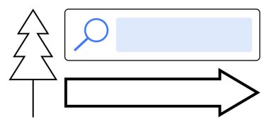 Ağaç simgesi, büyüteçle arama çubuğu ve keşfi, navigasyonu veya yönü simgeleyen büyük bir ok. Arama motoru, navigasyon, doğa temaları, çevre dostu fikir keşifleri için ideal