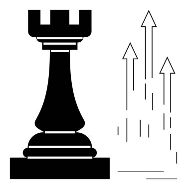 Satranç kalesi ve yükselen oklar büyüme, ilerleme, strateji, liderlik, başarı, başarı ve vizyonu temsil eder. İş için ideal, kalkınma planlama liderlik hedefleme tasarımı basit