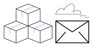 Kutular dolusu bant ve bulutun yanında uçan bir zarf. Lojistik, nakliye, e-ticaret, iletişim, e-posta, bulut depolama, dijital takas için ideal. Basit düz metafor