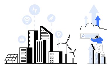 Rüzgar türbinleri, güneş panelleri, teknoloji ikonları, veri büyüme eğilimlerini analiz eden insanlar. Akıllı şehir, sürdürülebilirlik, eko-enerji, IOT, yenilikçi kentsel planlama için ideal