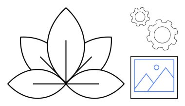 Dişlilerin yanında botanik yaprak anahatları ve çerçevelenmiş görüntü ikonu, doğayı yenilikle harmanlıyor. Doğa teknolojisi dengesi, eko-tasarım, yeşil yenilik, yaratıcı projeler, planlama kavramları için ideal