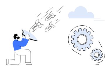 DDoS füzelerini engelleyen kalkan önünde diz çökmüş bir adam dişlileri ve bulutları hedef alıyor. Siber güvenlik, teknik savunma, sistem koruması, bilişim altyapısı, çevrimiçi tehditler, hackleme önleme için ideal