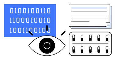 Göz ikili kodlara, hafıza çiplerine ve belgelere odaklanıyor, veri işlemeyi sembolize ediyor, yapay zeka, teknoloji eğilimleri, otomasyon, siber güvenlik kodlaması ve depolama. Teknolojik yenilik için ideal