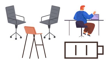 Ofis ortamında iki ofis sandalyesi, bar taburesi, masada dizüstü bilgisayarda çalışan bir adam ve düşük pil sembolü var. İş hayatı dengesi, yorgunluk, üretkenlik, uzaktan çalışma, ofis tasarımı için ideal