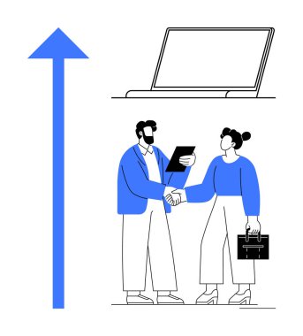 Profesyoneller arasında el sıkışma, büyümeyi sembolize eden yukarı doğru ok, dijital aletler için dizüstü bilgisayar. Takım çalışması, iş stratejisi, profesyonel başarı, kariyer büyümesi, işbirliği, dijital