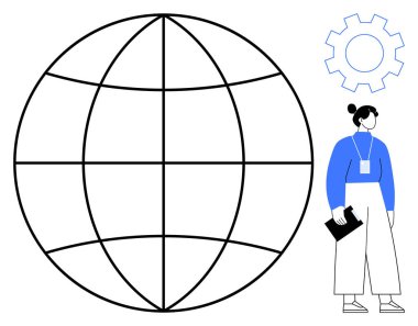 Küre örgüsü bağlantıyı sembolize ediyor, panosu profesyonelliği temsil eden bir kadın, yenilik için gerekli teçhizat. Küresel takım çalışması, yenilik, liderlik, profesyonellik, teknoloji ve eğitim için ideal