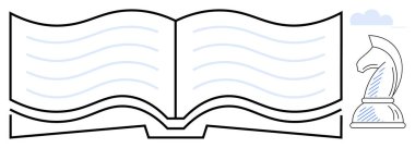 Satranç şövalyesi ve bulutun yanında kıvrımlı çizgiler olan açık bir kitap. Öğrenme, strateji, zeka, eğitim, araştırma, planlama ve problem çözme konuları için idealdir. Düz basit metafor