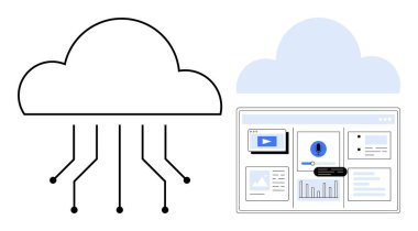 Veri devrelerine ve tablolar, simgeler ve içerik bloklarıyla dijital gösterge paneline bağlanan bulut. Bulut teknolojisi, depolama, veri güvenliği, analitik, bilişim altyapısı, basit yenilik için ideal
