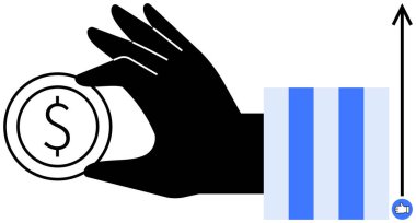 Yükselen demir çubuk grafiğinin yanında para tutan siyah siluet el yukarı doğru ok ile, finansal başarıyı, yatırımı ve büyümeyi simgeliyor. İş, finans, ekonomi, tasarruf, gelir bankacılığı için ideal