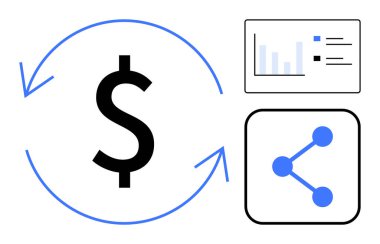 Oklarla çevrelenmiş dolar işareti, bir bar çizelgesi ve bir hisse simgesi nakit akışını, veri görselleştirmesini ve ağ büyümesini temsil ediyor. Finans, pazarlama, yatırım ve analitik paylaşım teknolojisi için ideal