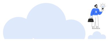 Elinde parlak bir ampul olan profesyonel bir figür yenilik ve yaratıcılığı temsil ediyor. Başlangıç için ideal, beyin fırtınası, girişimcilik, yenilik, bulut hesaplama, iş