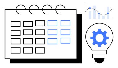 İşaretli tarihler, analitik çizelgeler ve planlama, üretkenlik ve yeniliği sembolize eden dişli ampul takvimi. Zamanlama, zaman yönetimi, strateji, büyüme organizasyonu için ideal