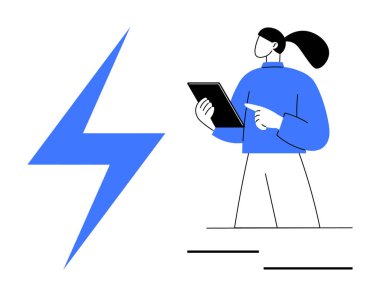 Belirgin bir yıldırım ikonunun yanında mavi bluz giyen tek kişi. Enerji, teknoloji, yenilik, elektrik, üretkenlik, dijital araçlar ve basit iniş sayfası için ideal