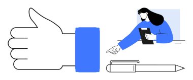 Baş parmaklar yukarı, kadın pano tutuyor ve işaret ediyor, kalem anlaşmasını simgeliyor, gözden geçirme, takım çalışması. Geri bildirim, işbirliği, eğitim, karar verme verilebilirliği işyeri desteği için ideal