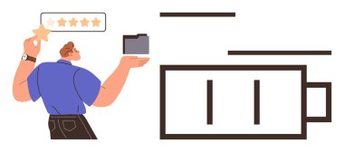 Batarya ikonunun yanında beş yıldızlı bir klasör tutan adam üretkenliği, performansı, incelemeleri, görev yönetimini, verimliliği, motivasyonu ve başarıyı temsil ediyor. Basit bir daire için ideal