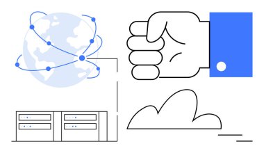 Güvenliği simgeleyen el yumruğu, birbirine bağlı düğümler, sunucular ve bulutları simgeleyen dünya. Teknoloji, veri depolama, küresel ağ, siber güvenlik, bilişim çözümleri bulut hizmetleri ve dijital dönüşüm için ideal