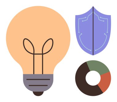 Yaratıcılık için ampul, koruma için devreleri olan kalkan, veri analizi için pasta grafiği. Yenilik, güvenlik, teknoloji, strateji, ilerleme, basit düz metafor beyin fırtınası için ideal