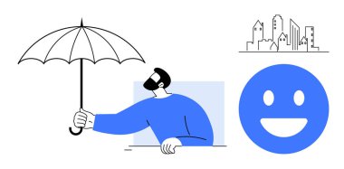 Mavi kazaklı adam şemsiye tutuyor, gülümseyen yüz simgesi, şehir manzarası çizilmiş. Sigorta, hava tahmini, güvenlik, koruma, kentsel yaşam, mutluluk için ideal basit iniş sayfası