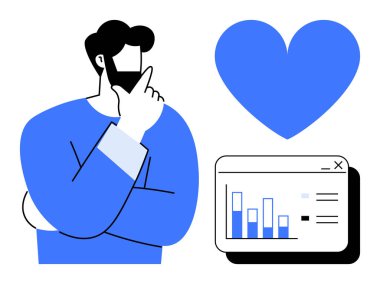 Bir bar çizelgesi ve kalp ikonu yanında derin düşüncelere sahip bir adam veri analizini ve duygusal bağlantıyı sembolize ediyor. Yenilik, analitik, karar verme, ilişkiler, teknoloji ve iş büyümesi için ideal