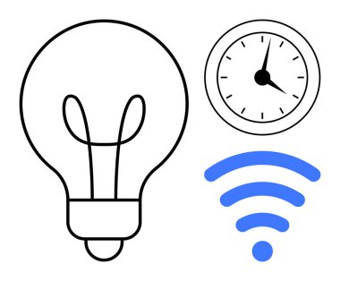 Yenilik için ampul, zaman yönetimi için saat ve bağlantı için kablosuz sinyal. Teknoloji, yaratıcılık, verimlilik, modern yaşam tarzı, dijital çözümler, akıllı sistemler için ideal