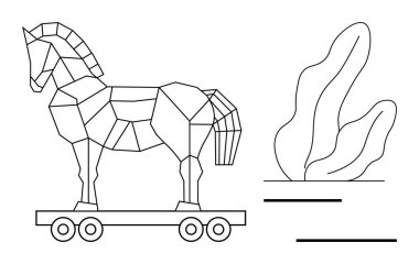 Geometrik Truva atı, soyut yaprak şekilleri ve paralel çizgili çubukların yanında tekerlekler üzerinde. Teknoloji, güvenlik, strateji, tarih, yaratıcılık, eğitim, basit iniş sayfası için ideal