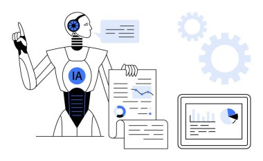 Robot veri analizini çizelgeler, belgeler ve tablet ekranla sunuyor. Yapay zeka, makine öğrenimi, veri bilimi, otomasyon, yenilik, fütüristik teknoloji için ideal basit düz metafor