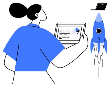 Tableti elinde çizelgeler ve grafiklerle tutan bir kadın, roketin fırlatılmasını izliyor. İş, girişim, büyüme, veri analizi, yenilik, üretkenlik ve ilerleme kavramları için idealdir. Basit düz metafor