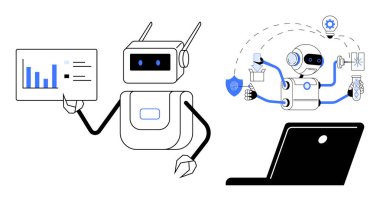 Analiz tahtası ve dizüstü bilgisayarı elinde tutan robot, analiz, otomasyon ve yenilik de dahil olmak üzere birden fazla görevi yerine getiriyor. AI, robotik, otomasyon, analitik, iş teknolojisi için ideal