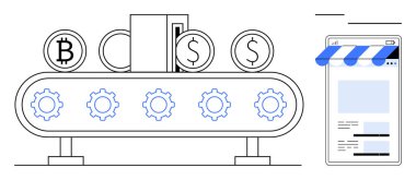Vitesli konveyör bandı, bozuk paralar, cüzdan ve dükkan önü ekran. Fintech, e-ticaret, kripto para, otomasyon dijital finans çevrimiçi ödemeler modern ekonomi için idealdir. Düz basit metafor
